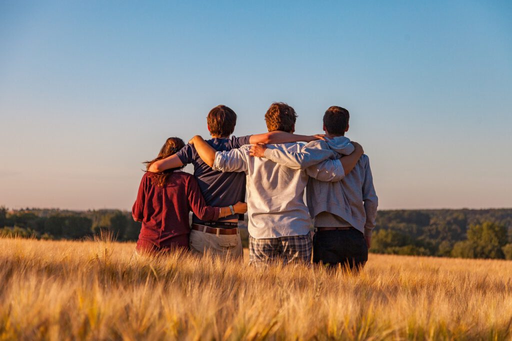 young people, nature, group, friends, friendship, together, summer, landscape, field, outdoors, youth, support, gang, teens, friendship day